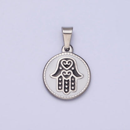 Stainless Steel Black Hamsa Hand White Enamel Round Pendant in Gold &amp; Silver J-655 J-659