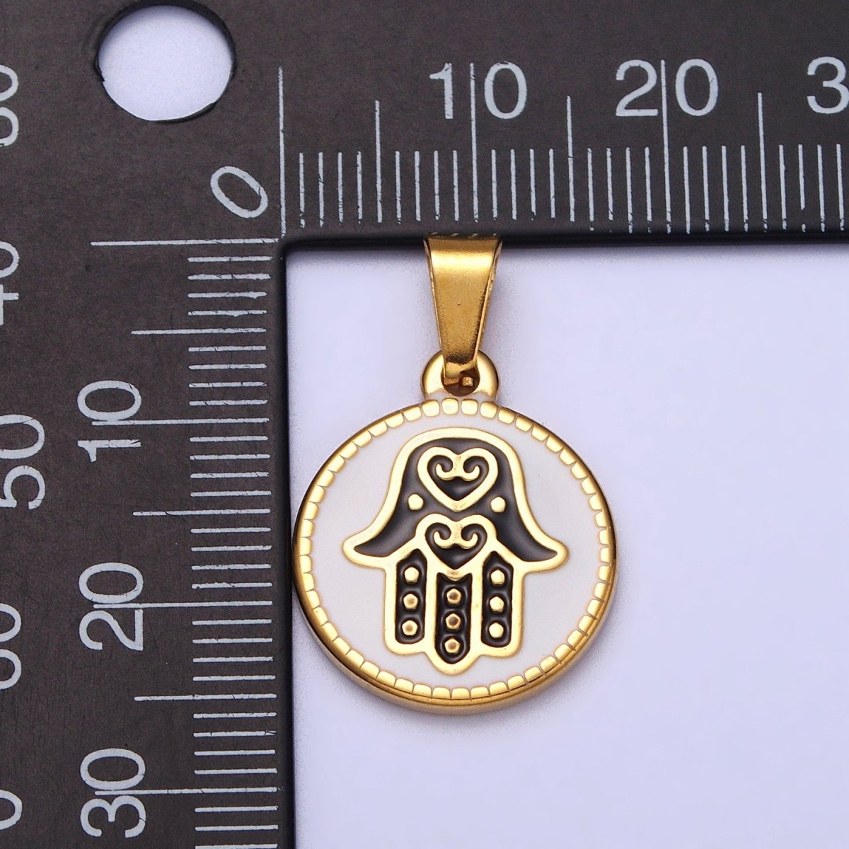 Stainless Steel Black Hamsa Hand White Enamel Round Pendant in Gold &amp; Silver J-655 J-659