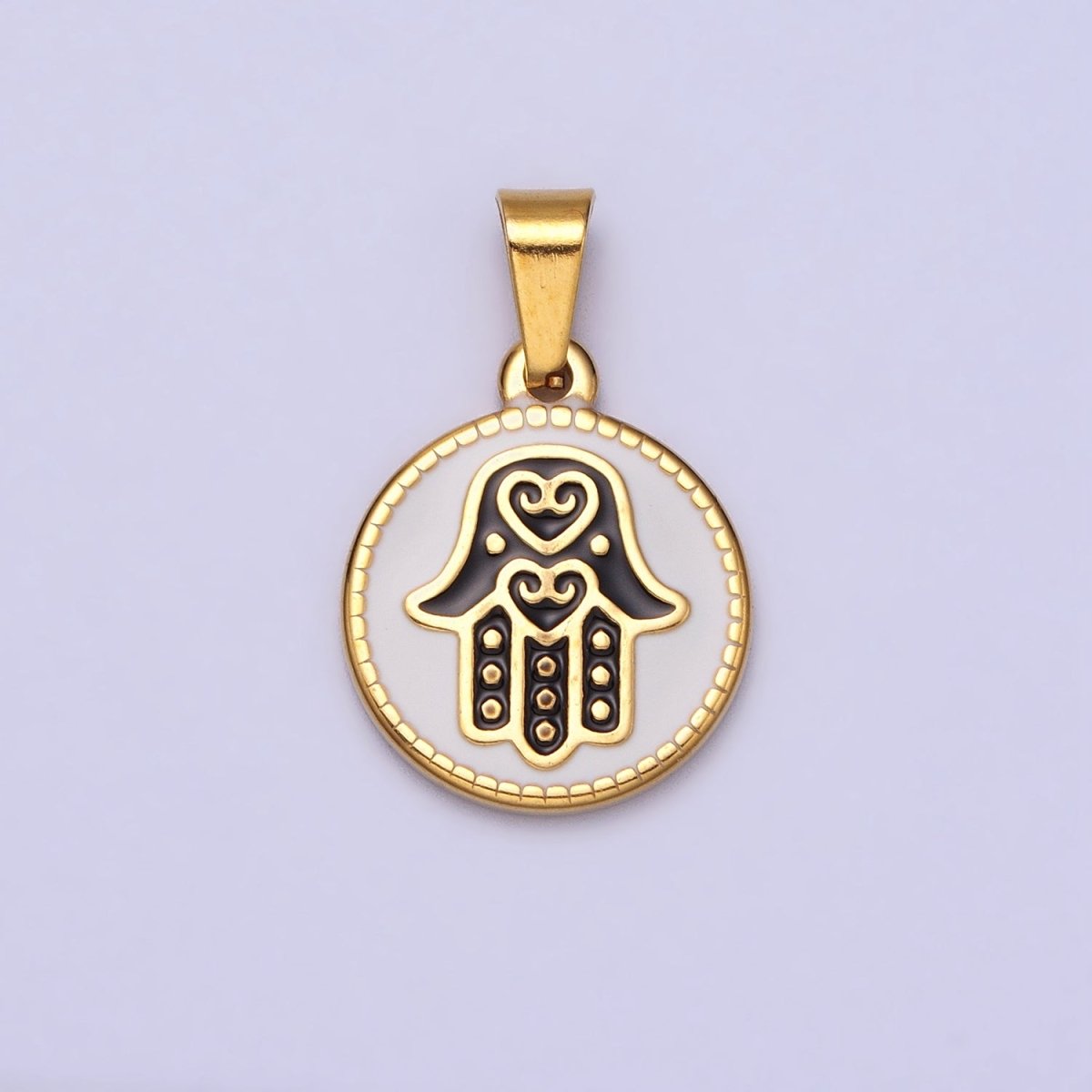 Stainless Steel Black Hamsa Hand White Enamel Round Pendant in Gold &amp; Silver J-655 J-659