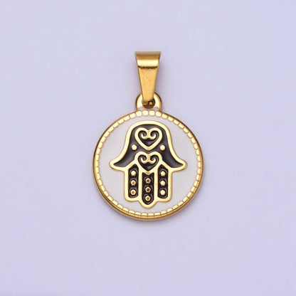 Stainless Steel Black Hamsa Hand White Enamel Round Pendant in Gold &amp; Silver J-655 J-659