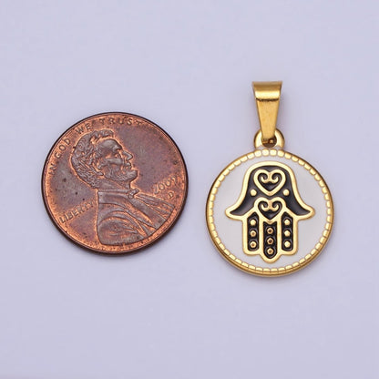 Stainless Steel Black Hamsa Hand White Enamel Round Pendant in Gold &amp; Silver J-655 J-659