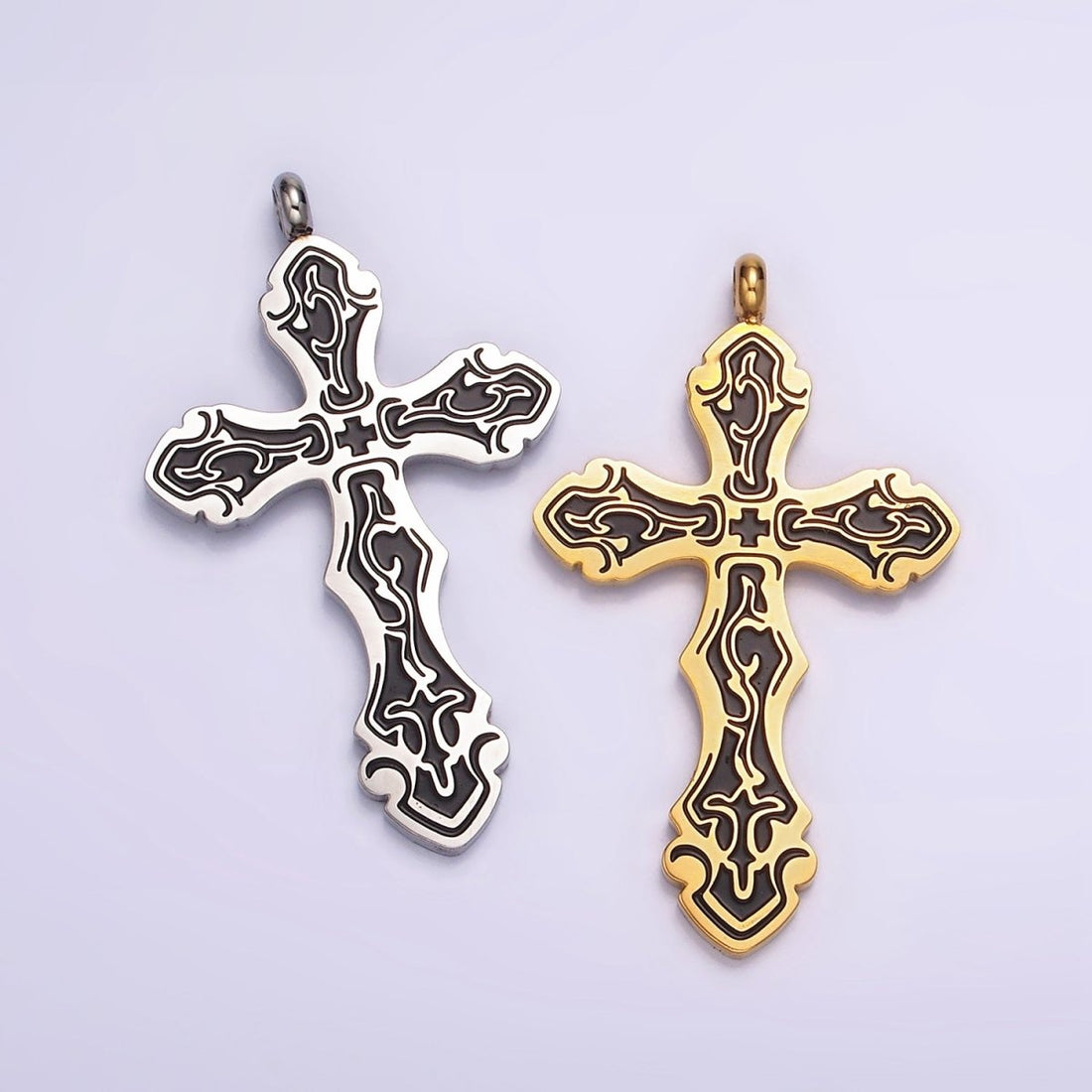 Stainless Steel Black Holy Spirit Sword Artisan Wave Baptism Passion Cross Pendant in Gold &amp; Silver | P-667 ~ P-668