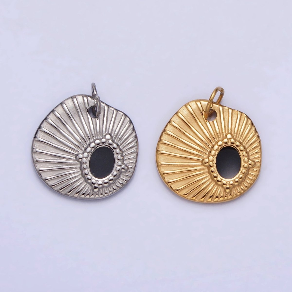 Stainless Steel Black Oval Abstract Sunburst Charm in Gold &amp; Silver | P-1228