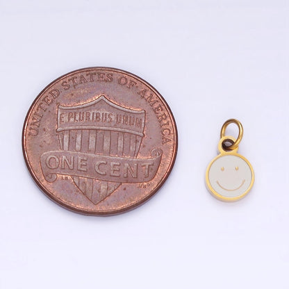 Stainless Steel Black, Pink, White Enamel Smiley Face Round Charm | P954