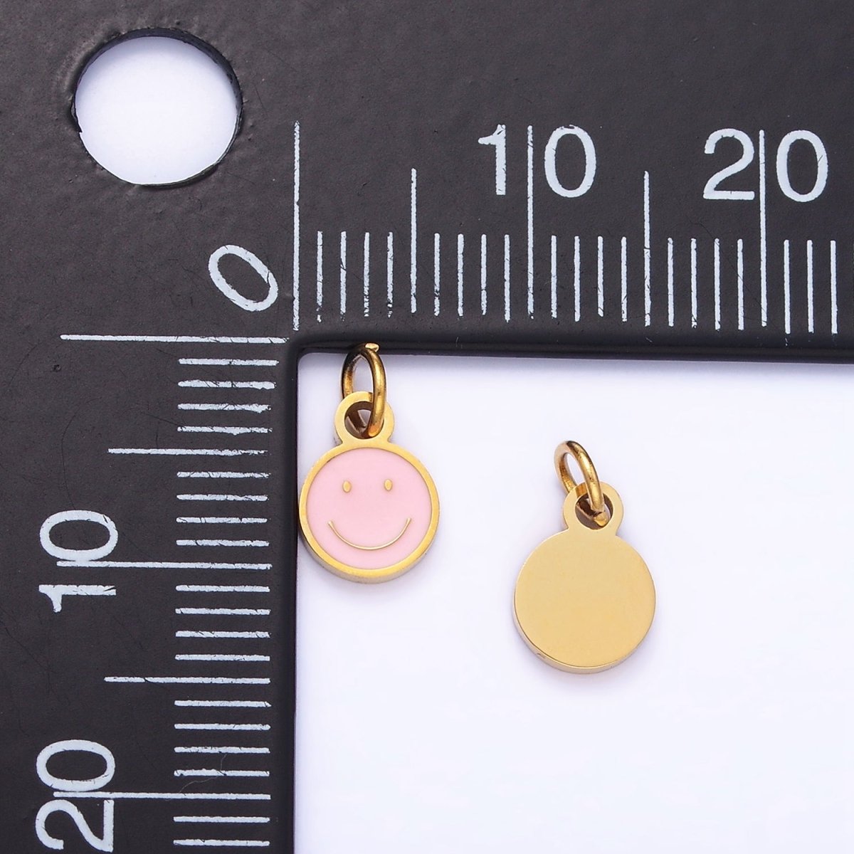 Stainless Steel Black, Pink, White Enamel Smiley Face Round Charm | P954