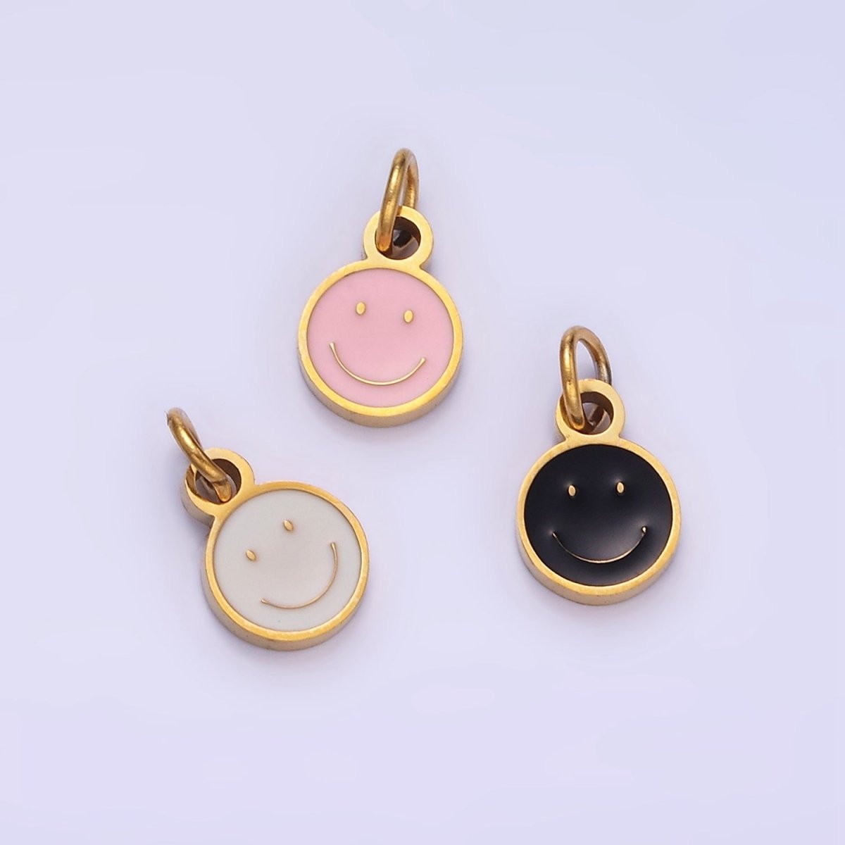 Stainless Steel Black, Pink, White Enamel Smiley Face Round Charm | P954