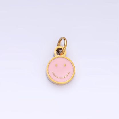 Stainless Steel Black, Pink, White Enamel Smiley Face Round Charm | P954