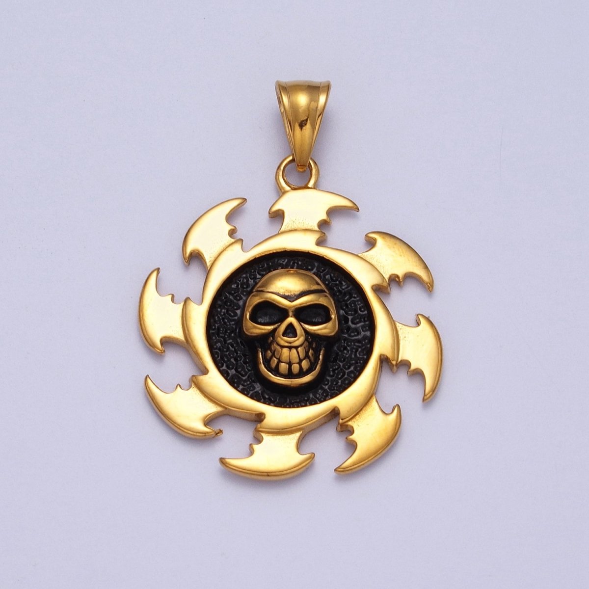 Stainless Steel Black Skull Skeleton Crusher Round Pendant in Gold &amp; Silver J-097 X-659