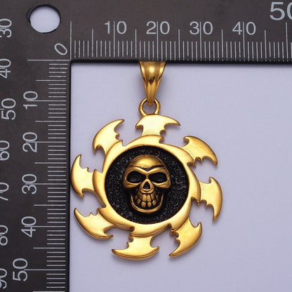 Stainless Steel Black Skull Skeleton Crusher Round Pendant in Gold &amp; Silver J-097 X-659