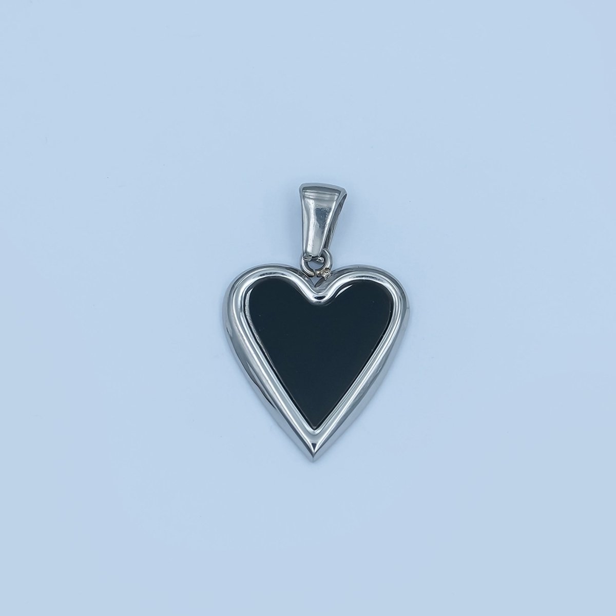 Stainless Steel Black, White Enamel Heart Bezel Pendant | P1420