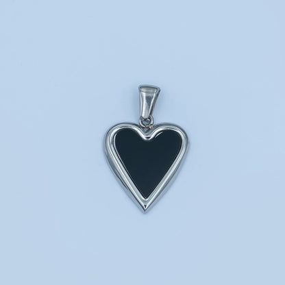 Stainless Steel Black, White Enamel Heart Bezel Pendant | P1420