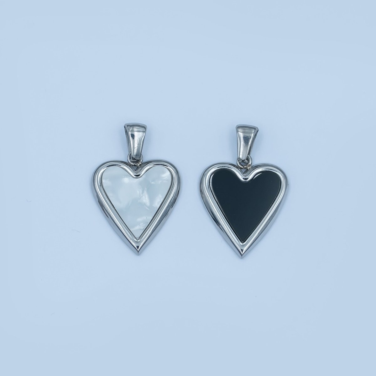 Stainless Steel Black, White Enamel Heart Bezel Pendant | P1420