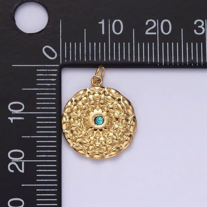 Stainless Steel Blue CZ Celestial Sun Flower Hammered Round Charm  P-622