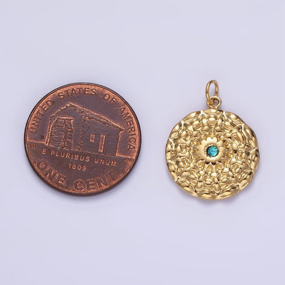 Stainless Steel Blue CZ Celestial Sun Flower Hammered Round Charm  P-622