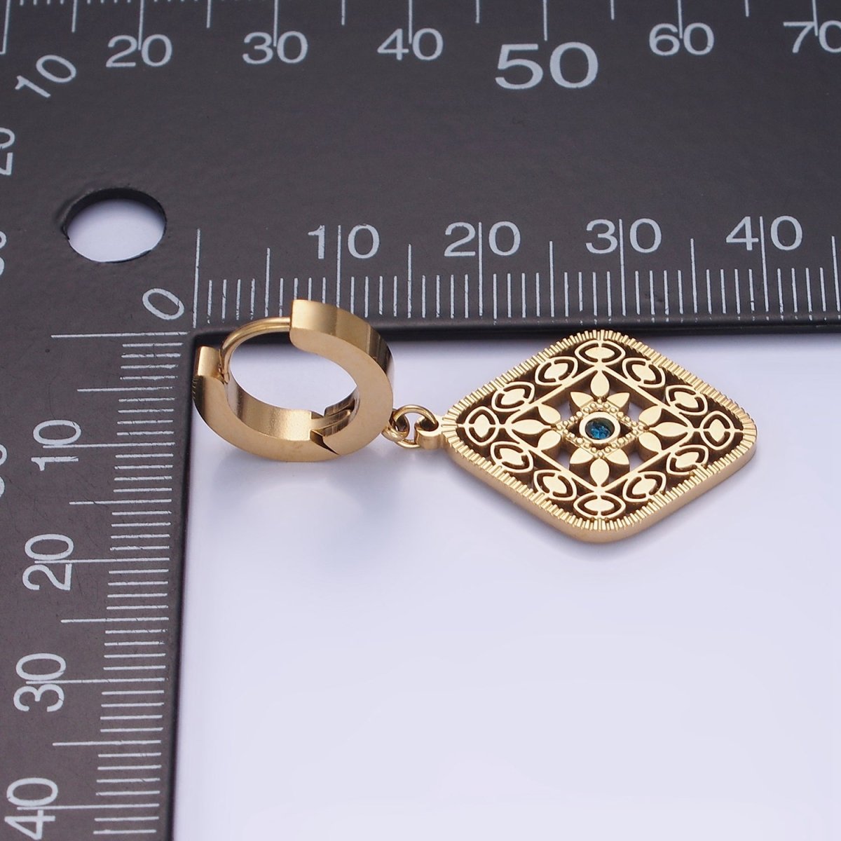Stainless Steel Blue CZ Flower Filigree Rhombus Drop Huggie Earrings in Gold &amp; Silver | AE477 AE478
