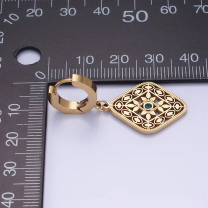 Stainless Steel Blue CZ Flower Filigree Rhombus Drop Huggie Earrings in Gold &amp; Silver | AE477 AE478