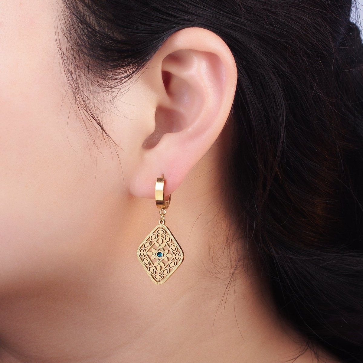 Stainless Steel Blue CZ Flower Filigree Rhombus Drop Huggie Earrings in Gold &amp; Silver | AE477 AE478