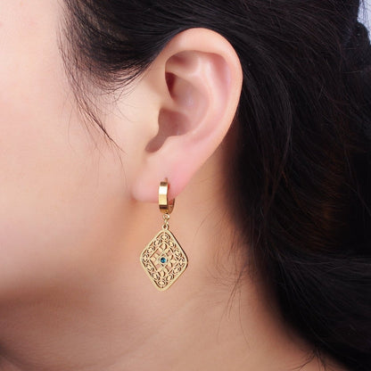 Stainless Steel Blue CZ Flower Filigree Rhombus Drop Huggie Earrings in Gold &amp; Silver | AE477 AE478
