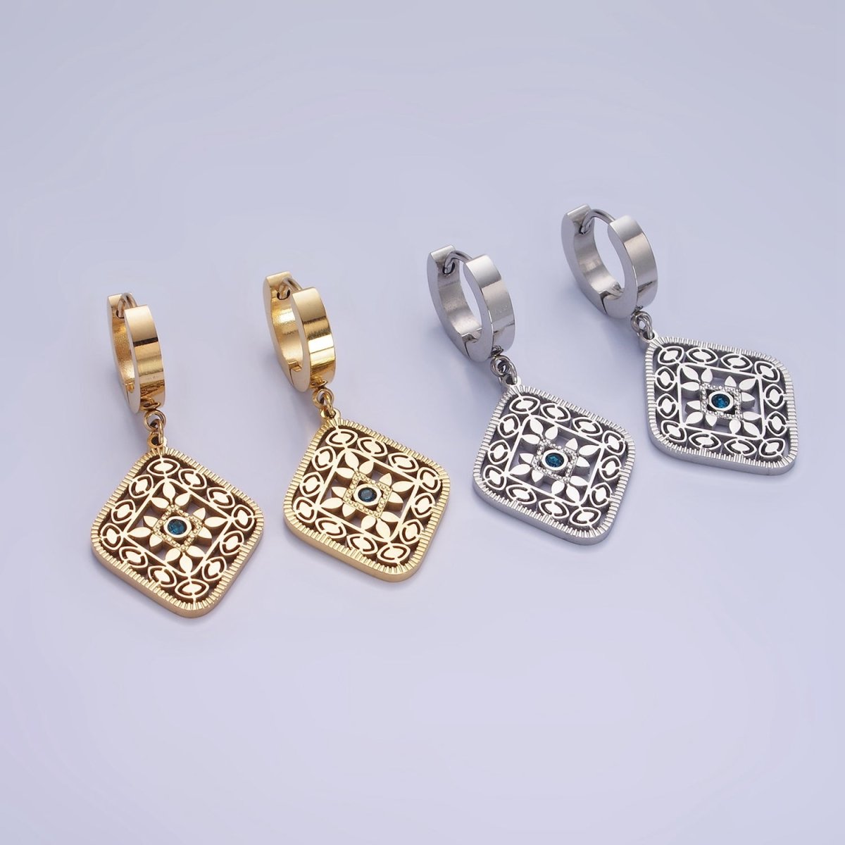 Stainless Steel Blue CZ Flower Filigree Rhombus Drop Huggie Earrings in Gold &amp; Silver | AE477 AE478