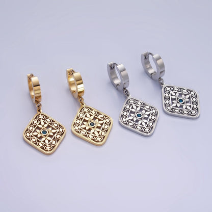 Stainless Steel Blue CZ Flower Filigree Rhombus Drop Huggie Earrings in Gold &amp; Silver | AE477 AE478