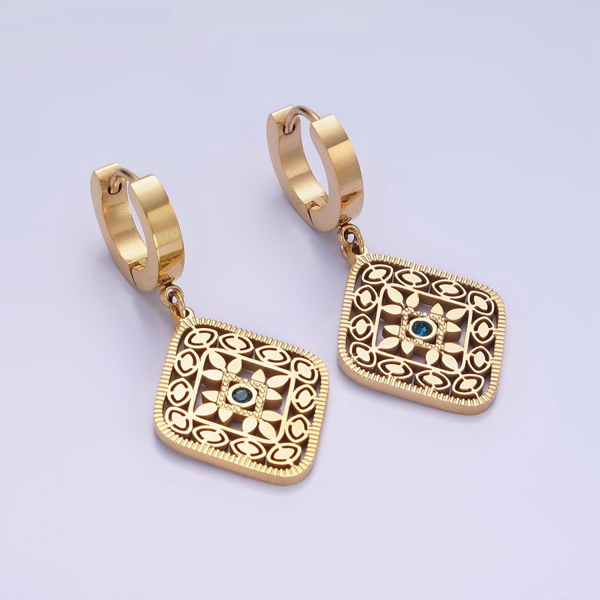 Stainless Steel Blue CZ Flower Filigree Rhombus Drop Huggie Earrings in Gold &amp; Silver | AE477 AE478