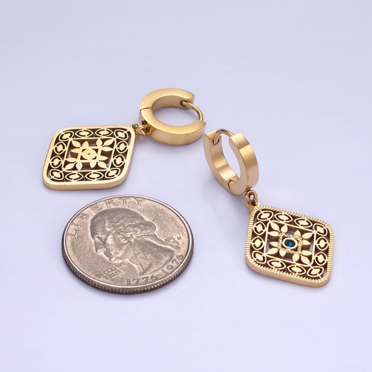 Stainless Steel Blue CZ Flower Filigree Rhombus Drop Huggie Earrings in Gold &amp; Silver | AE477 AE478