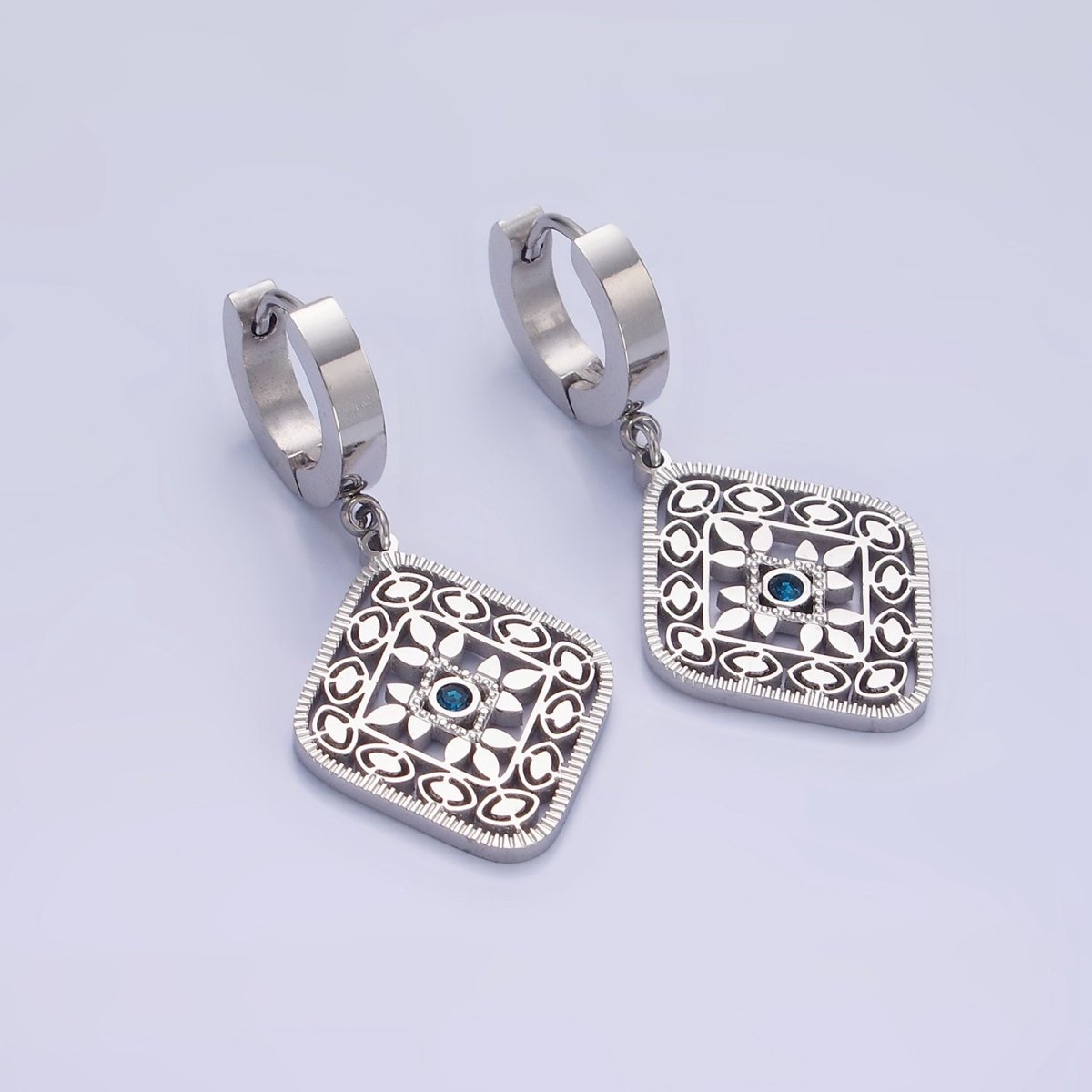 Stainless Steel Blue CZ Flower Filigree Rhombus Drop Huggie Earrings in Gold &amp; Silver | AE477 AE478