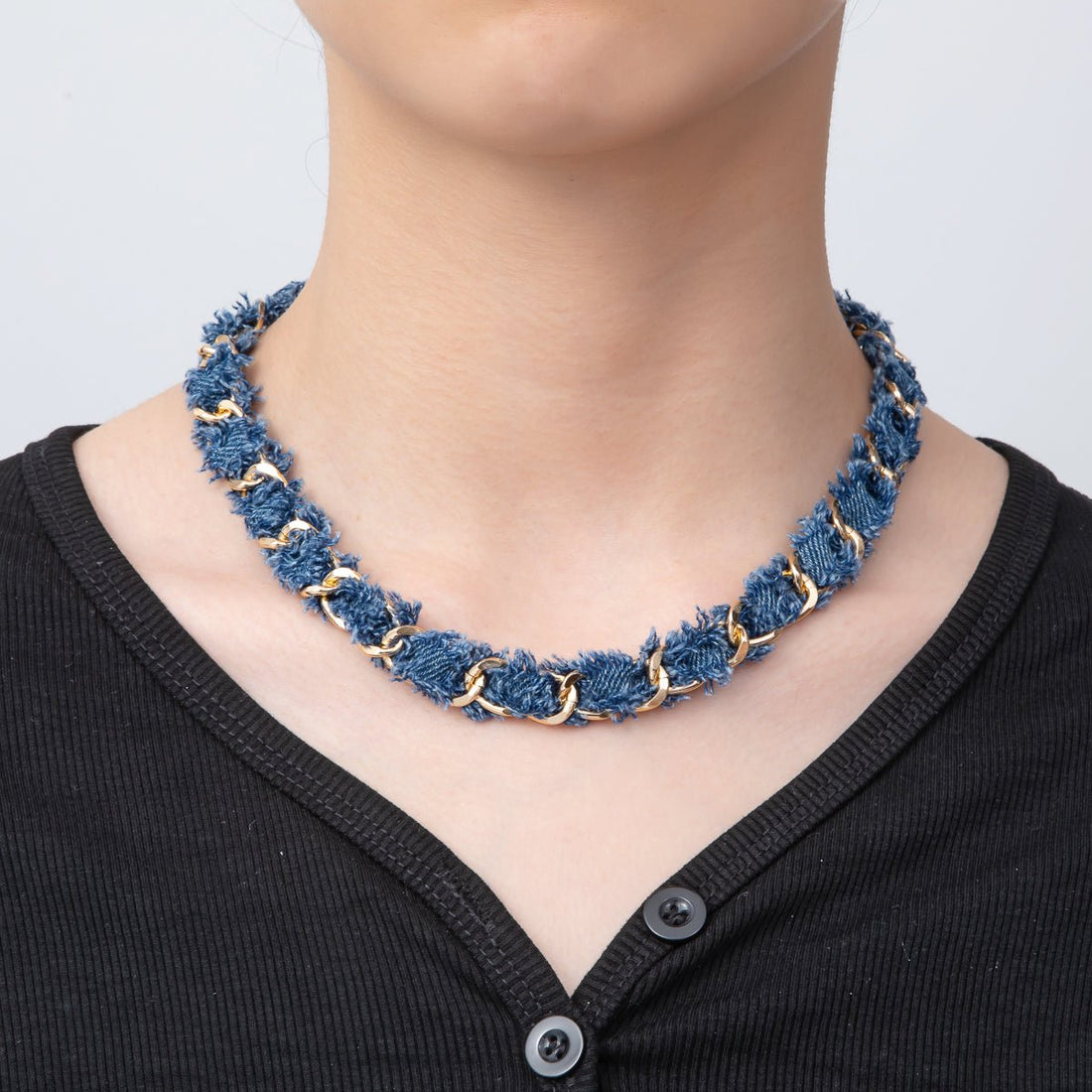 Stainless Steel Blue Denim Handmade Chain Curb 16 Inch Necklace w. Extender | WA-3447 WA-3448
