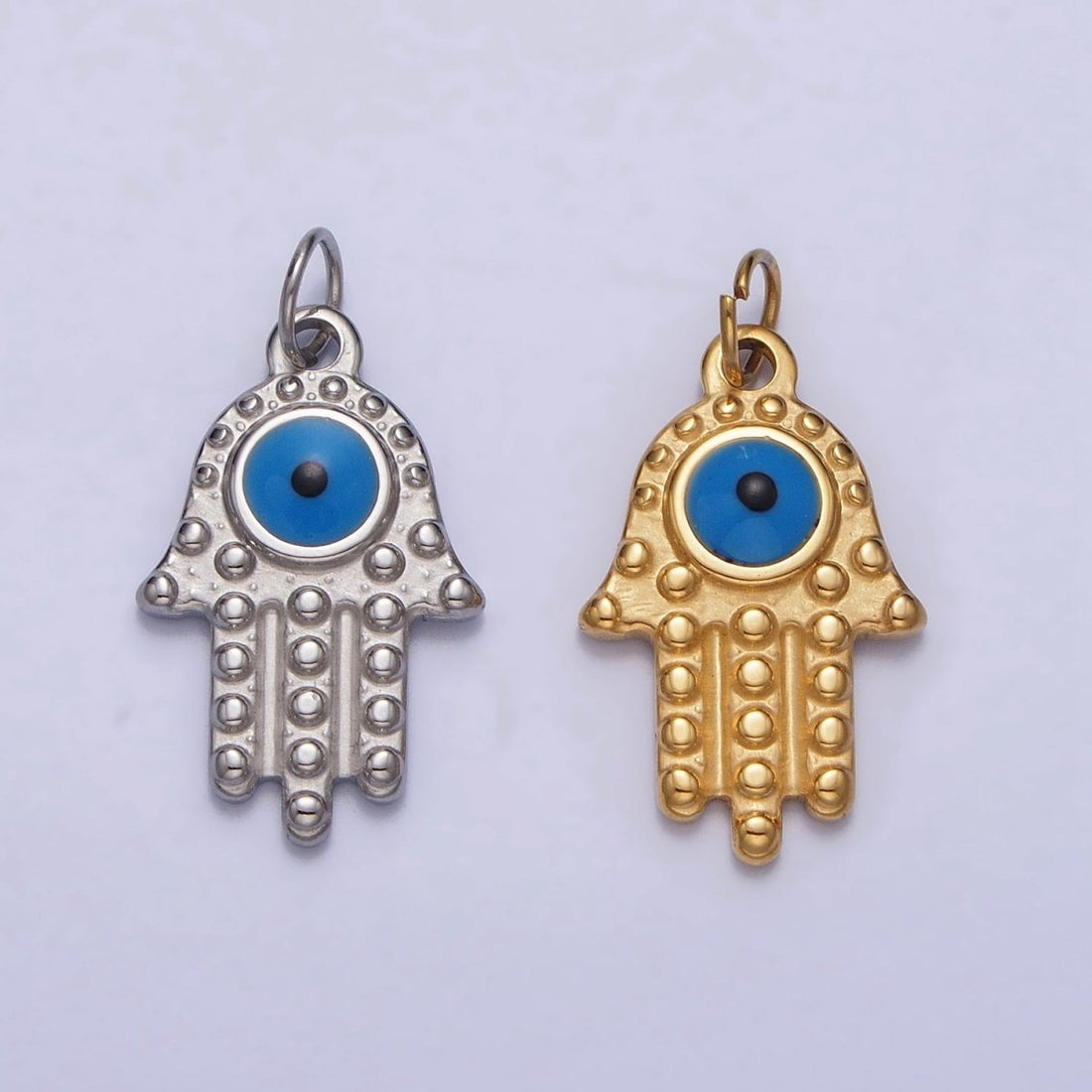 Stainless Steel Blue Evil Eye Dotted Hamsa Hand Charm in Gold &amp; Silver | P-1230