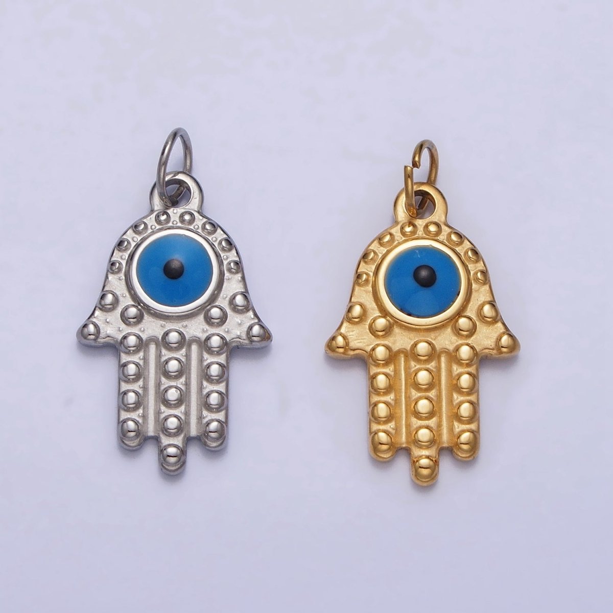 Stainless Steel Blue Evil Eye Dotted Hamsa Hand Charm in Gold &amp; Silver | P-1230