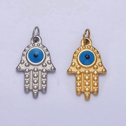 Stainless Steel Blue Evil Eye Dotted Hamsa Hand Charm in Gold &amp; Silver | P-1230