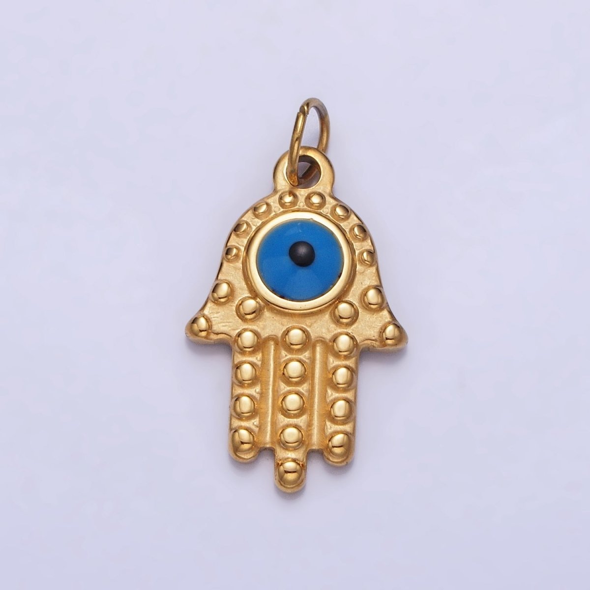 Stainless Steel Blue Evil Eye Dotted Hamsa Hand Charm in Gold &amp; Silver | P-1230