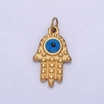 Stainless Steel Blue Evil Eye Dotted Hamsa Hand Charm in Gold &amp; Silver | P-1230