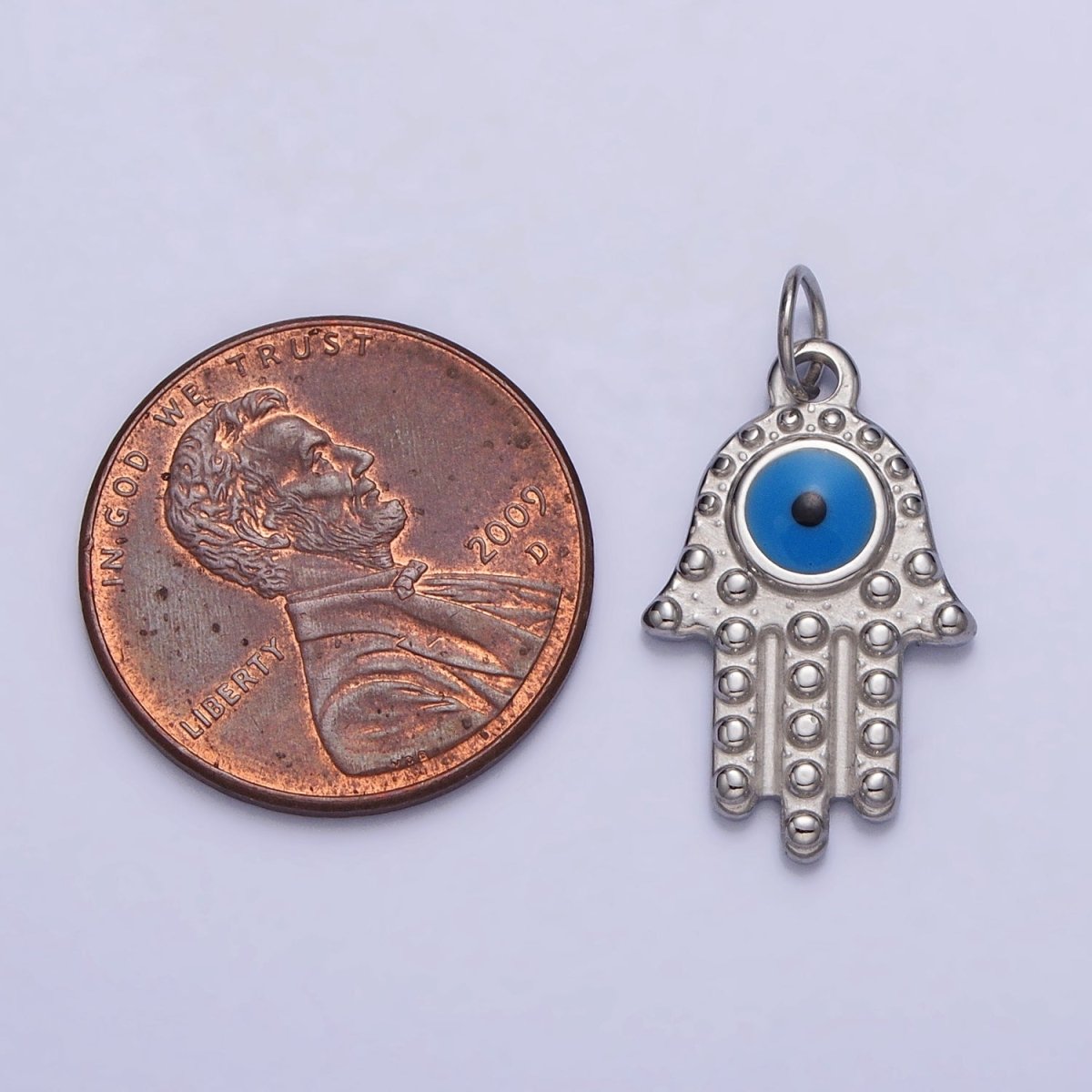 Stainless Steel Blue Evil Eye Dotted Hamsa Hand Charm in Gold &amp; Silver | P-1230