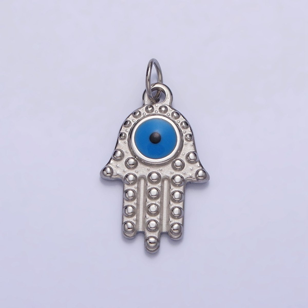 Stainless Steel Blue Evil Eye Dotted Hamsa Hand Charm in Gold &amp; Silver | P-1230