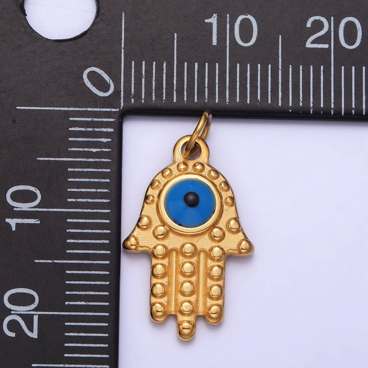 Stainless Steel Blue Evil Eye Dotted Hamsa Hand Charm in Gold &amp; Silver | P-1230