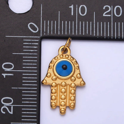 Stainless Steel Blue Evil Eye Dotted Hamsa Hand Charm in Gold &amp; Silver | P-1230