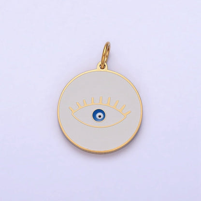 Stainless Steel Blue-Eyed Evil Eye White, Black, Red Round Charm in Gold &amp; Silver | P-1222 P-1223 P-1224