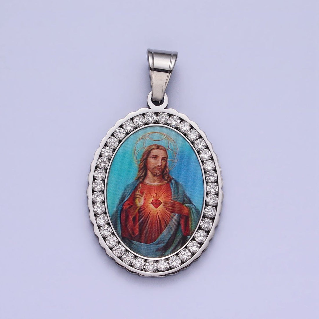 Stainless Steel Blue Jesus Sacred Heart Micro Paved CZ Oval Silver Pendant Religious Jewelry J-782
