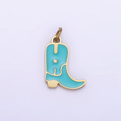 Stainless Steel Blue, Pink Enamel Star Cowboy Boots Shoes Charm | P959