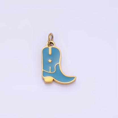 Stainless Steel Blue, Pink Enamel Star Cowboy Boots Shoes Charm | P959
