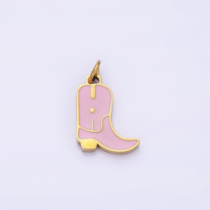 Stainless Steel Blue, Pink Enamel Star Cowboy Boots Shoes Charm | P959