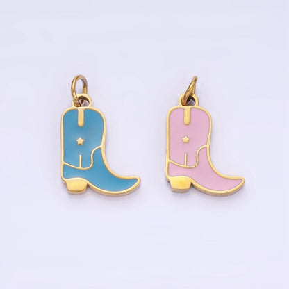 Stainless Steel Blue, Pink Enamel Star Cowboy Boots Shoes Charm | P959