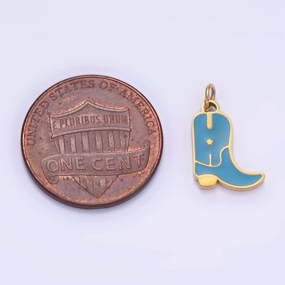 Stainless Steel Blue, Pink Enamel Star Cowboy Boots Shoes Charm | P959