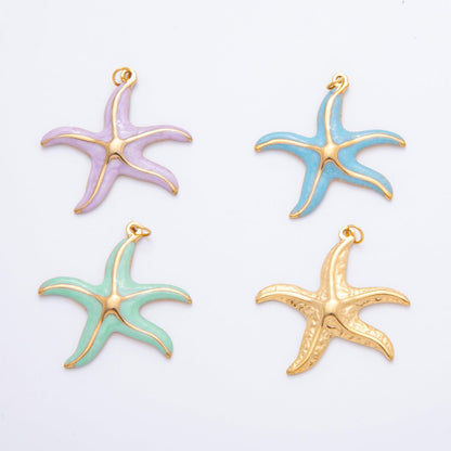 Stainless Steel Blue, Purple, Orange, Green Enamel Shell Pearl Starfish Charm | J493 J494