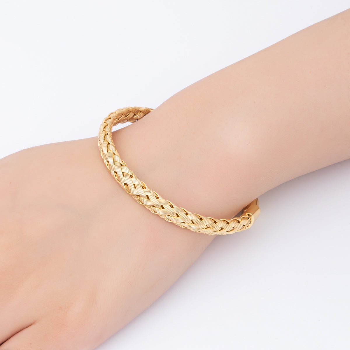 Gold Stainless Steel Braided Woven Round Cuff Bangle Bracelet | WA-3471