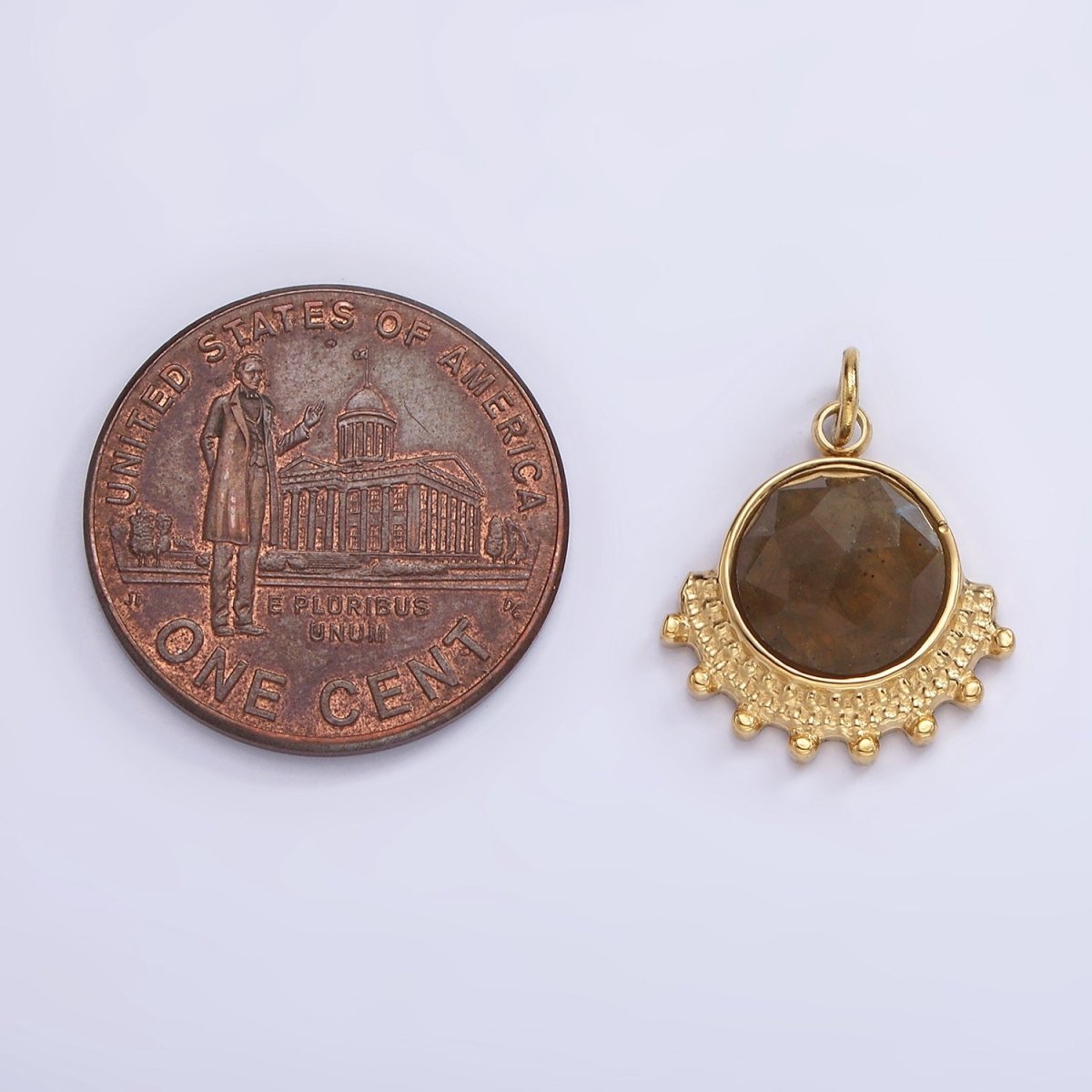 Stainless Steel Brown Labradorite Round Dotted Outline Artisan Charm in Gold &amp; Silver | P1306
