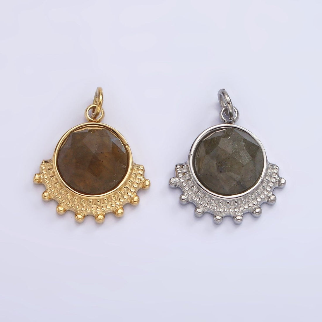 Stainless Steel Brown Labradorite Round Dotted Outline Artisan Charm in Gold &amp; Silver | P1306