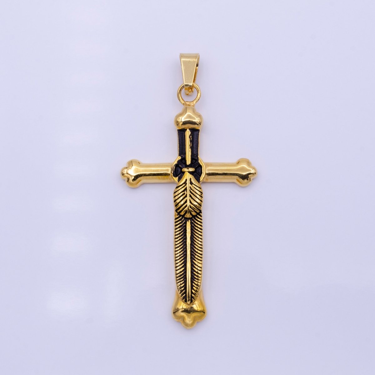 Stainless Steel Budded Buttony Feather 66mm Cross in Mixed Metal &amp; Gold