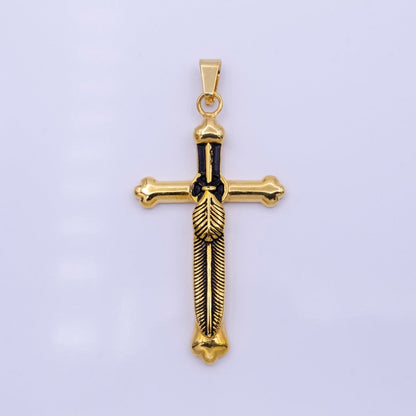 Stainless Steel Budded Buttony Feather 66mm Cross in Mixed Metal &amp; Gold